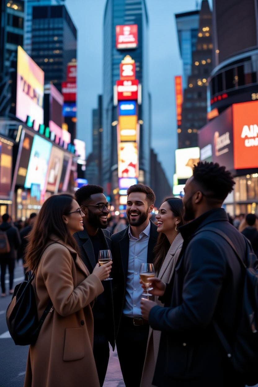 Grupo de viajeros celebrando en NYC con mapa de viaje - USAVisa Travel