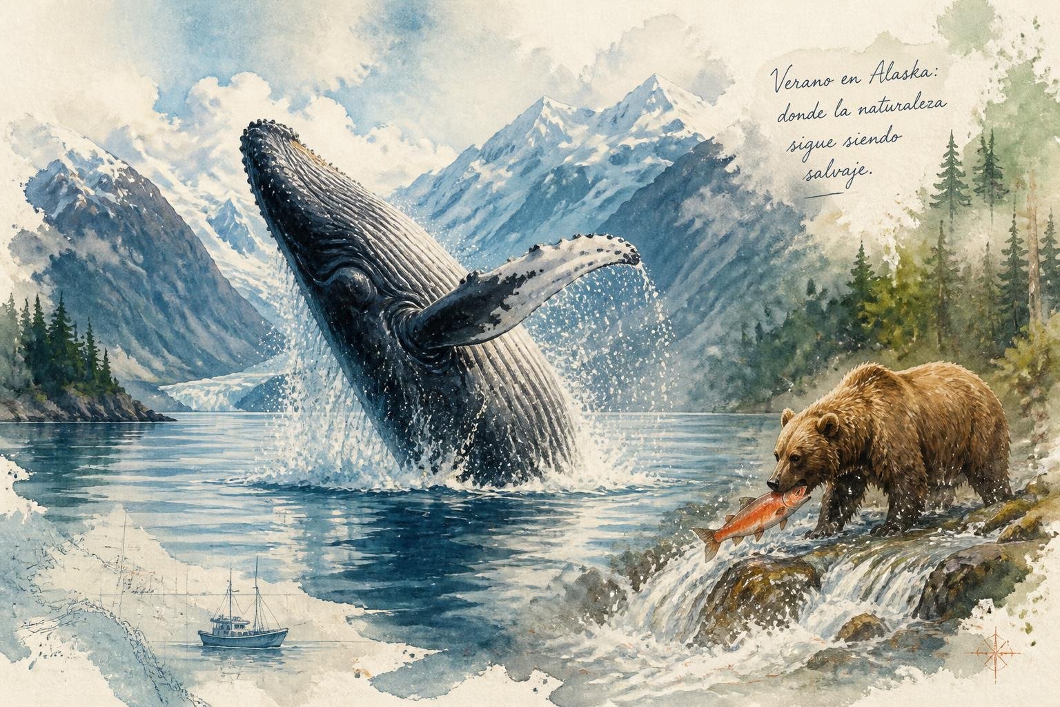 Ilustración en acuarela editorial de una ballena jorobada y un oso pardo pescando salmón en un río de Alaska
