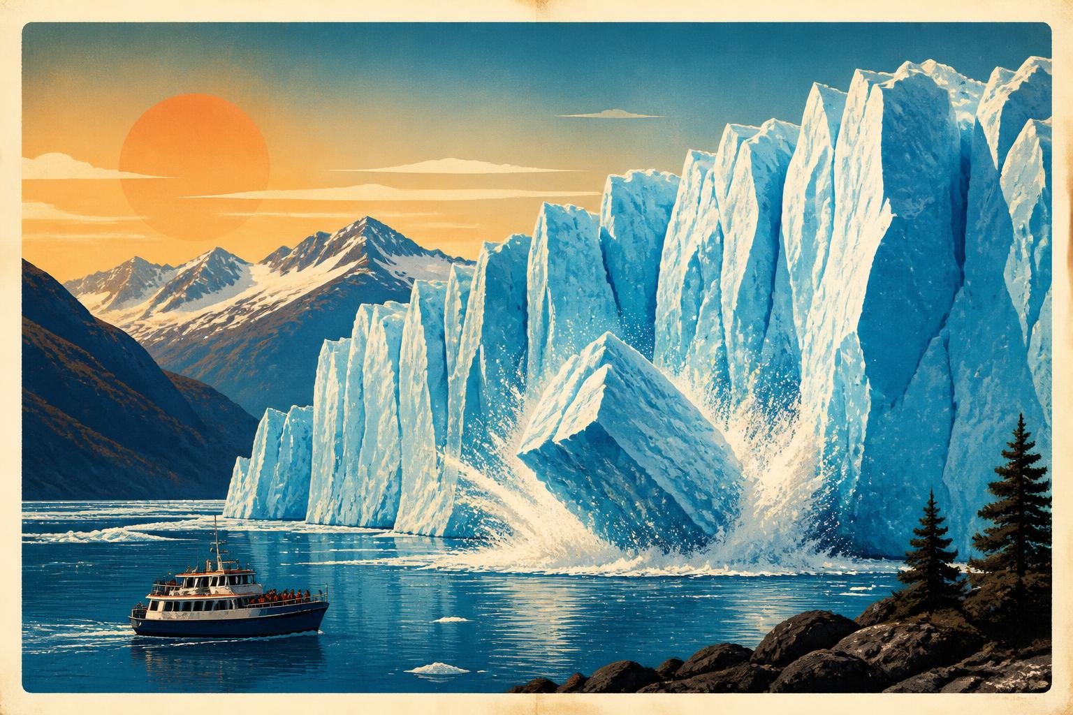 Póster ilustrado estilo retro de un glaciar de Alaska desprendiendo hielo sobre un fiordo azul