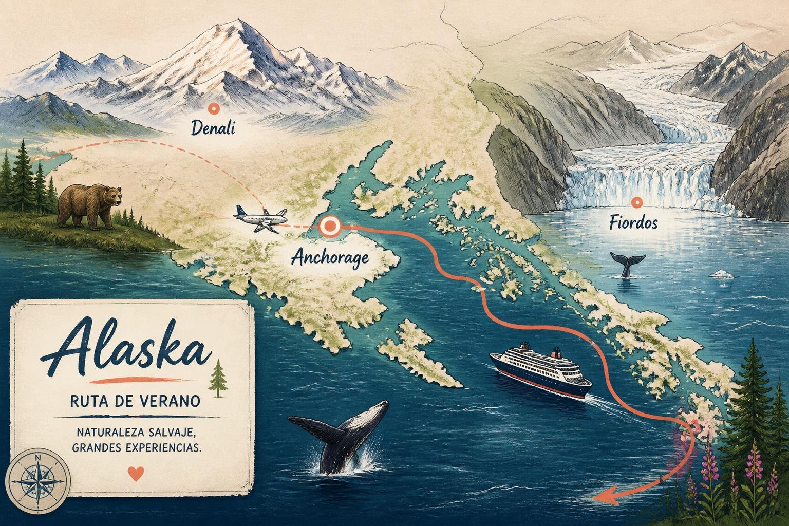Mapa ilustrado del sur de Alaska con la ruta del Inside Passage, Anchorage, Denali y los fiordos marcados con íconos