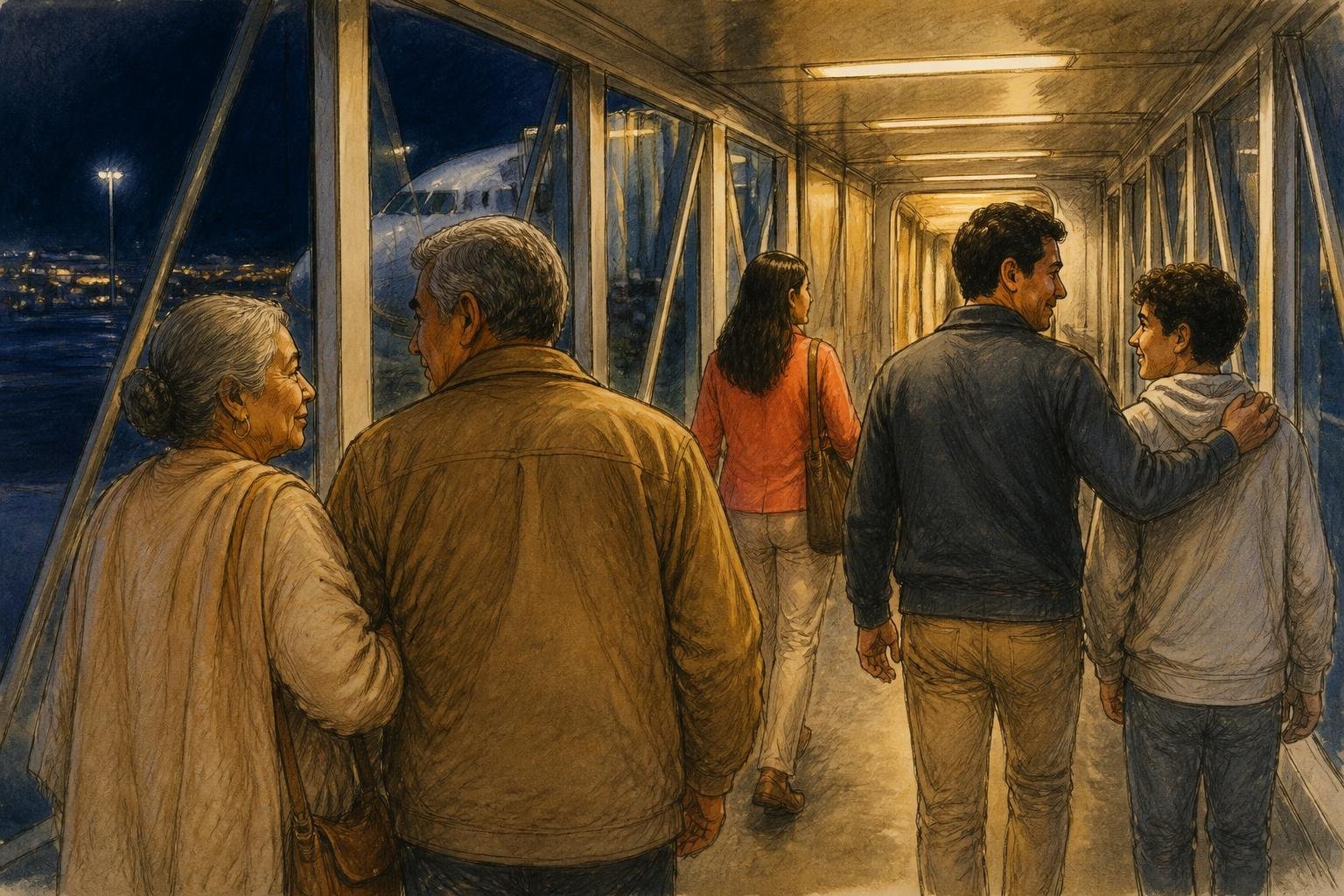 Pasajeros embarcando de noche en un vuelo de larga distancia con destino a Estados Unidos