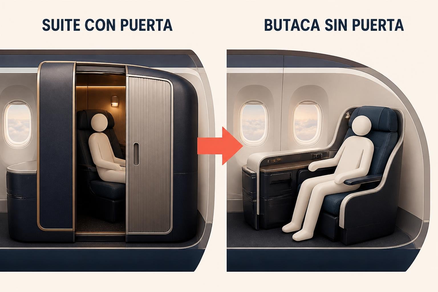 Comparación ilustrada entre una suite de clase ejecutiva con puerta corrediza y una butaca ejecutiva sin puerta