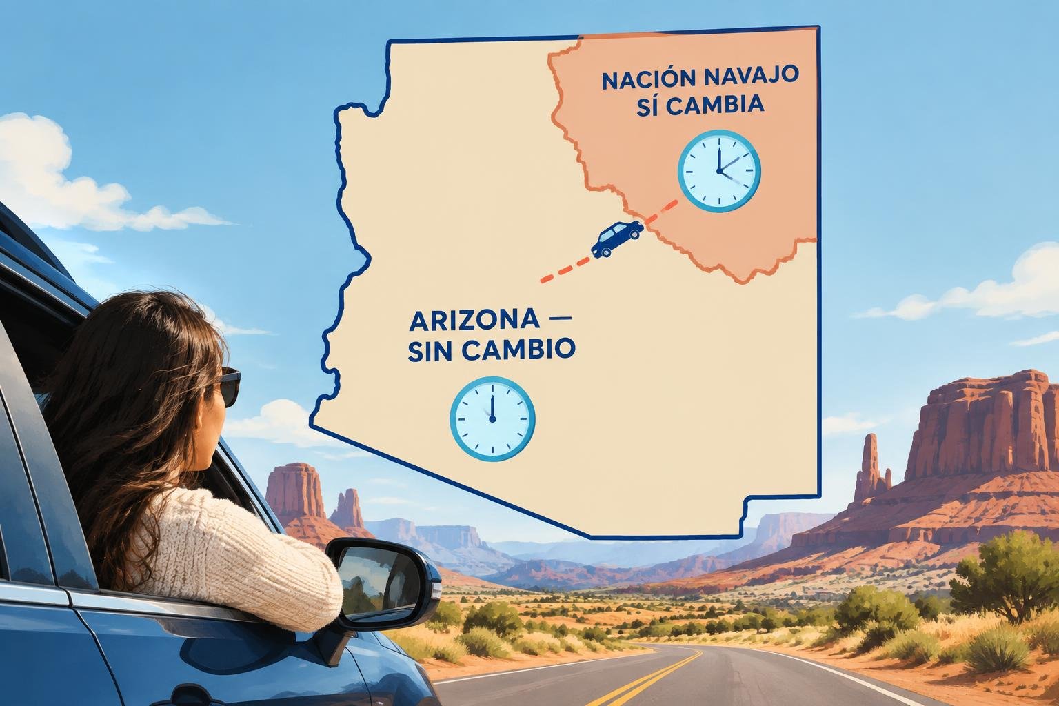 Mapa ilustrado de Arizona que señala el estado sin horario de verano y el territorio de la Nación Navajo que sí lo aplica