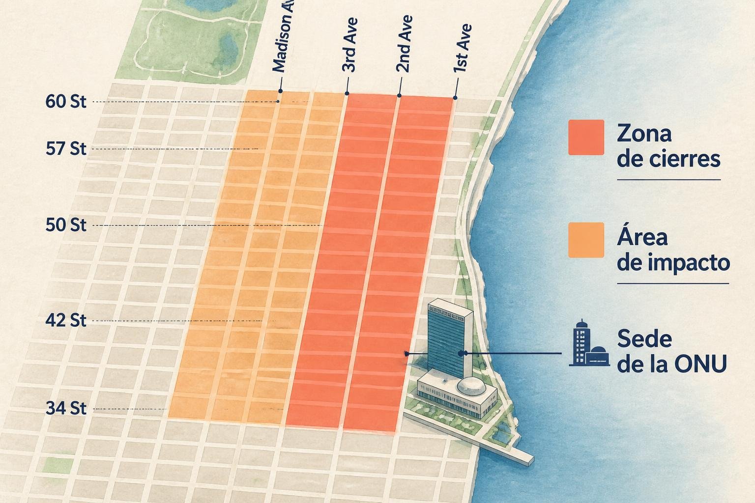 Diagrama del este de Midtown con el área entre las calles 34 y 60 marcada como zona de cierres durante la Asamblea General