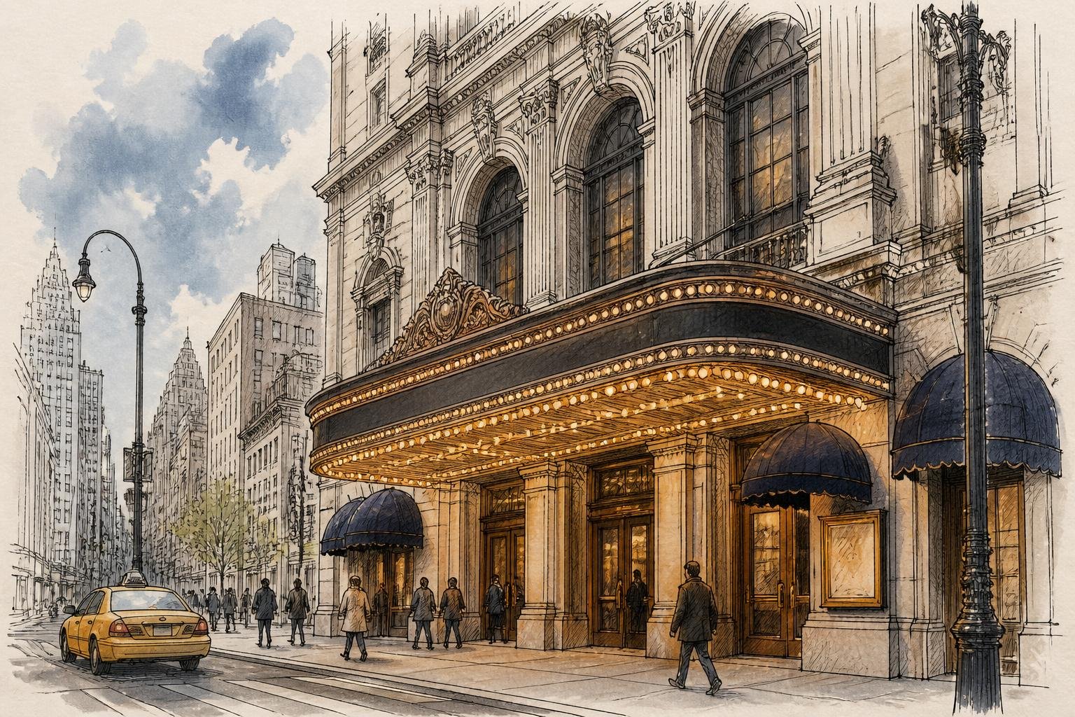 Ilustración a tinta y acuarela de la fachada de un teatro clásico del Theater District de Nueva York con su marquesina encendida