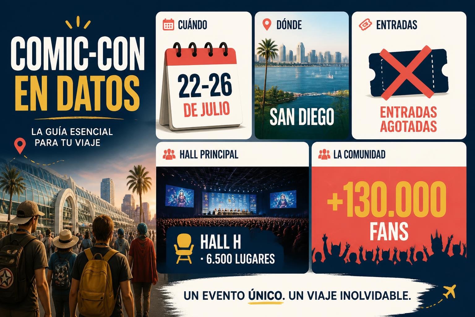 Infografía editorial con los datos clave de San Diego Comic-Con: fechas, sede, entradas agotadas y la sala Hall H, con texto en castellano
