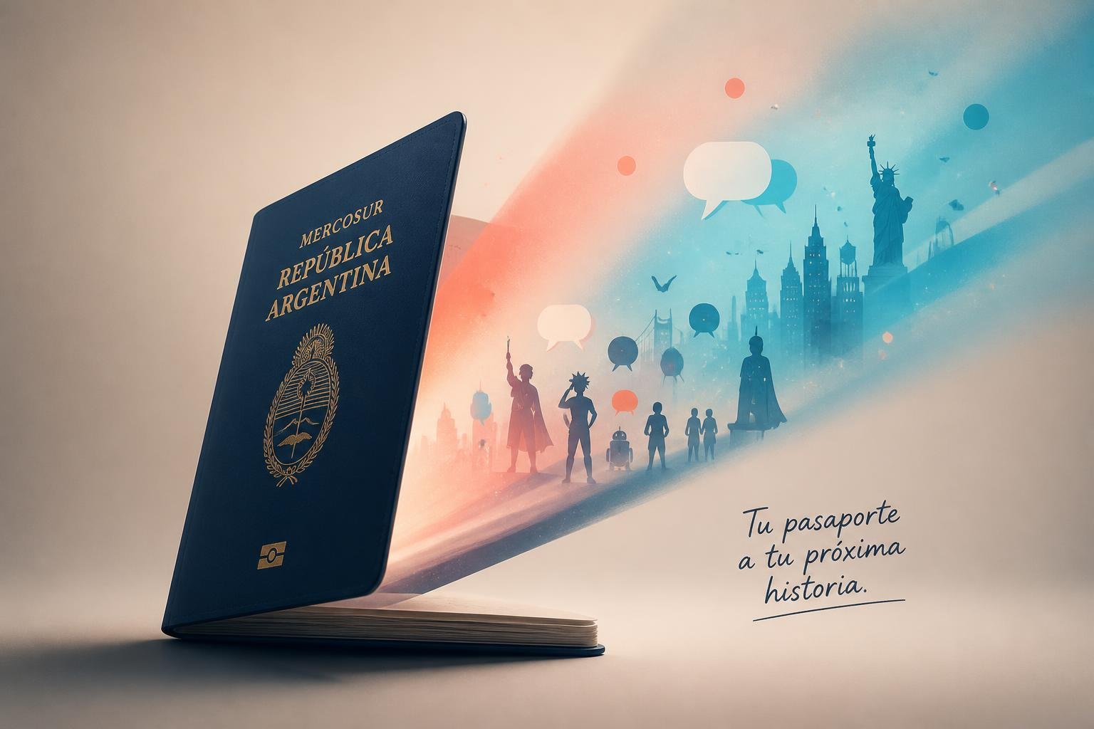 Ilustración conceptual minimalista de un pasaporte argentino que se transforma en la entrada a un mundo de cultura pop, como metáfora de la visa como llave del viaje
