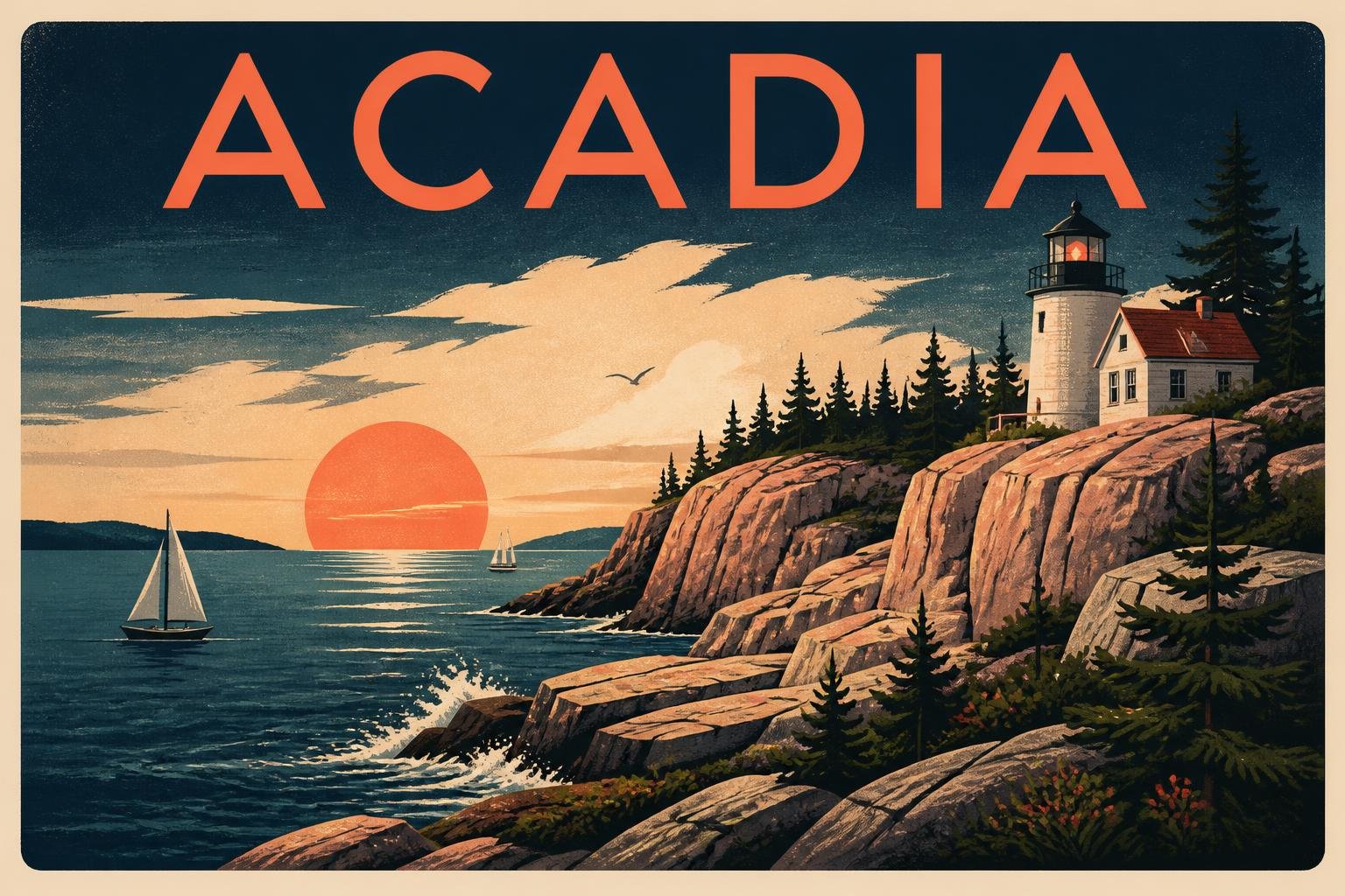 Ilustración estilo póster de viaje vintage de la costa de granito de Acadia con pinos, faro y horizonte marino