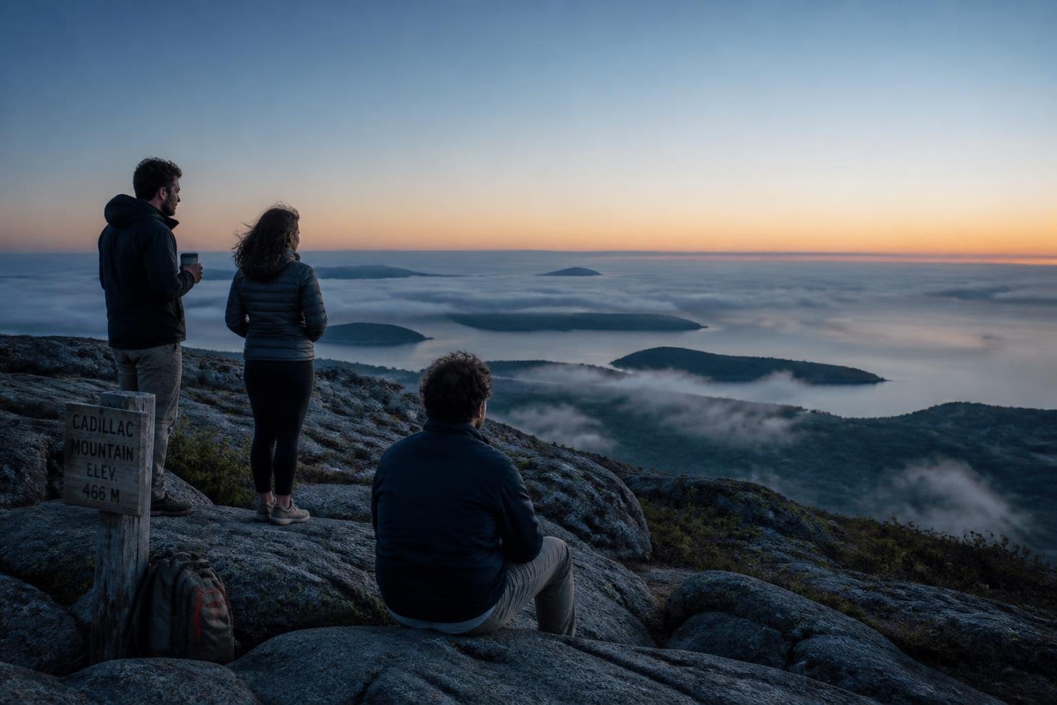 Foto documental de viajeros en la cima de Cadillac Mountain al amanecer, con la bahía y las islas de fondo