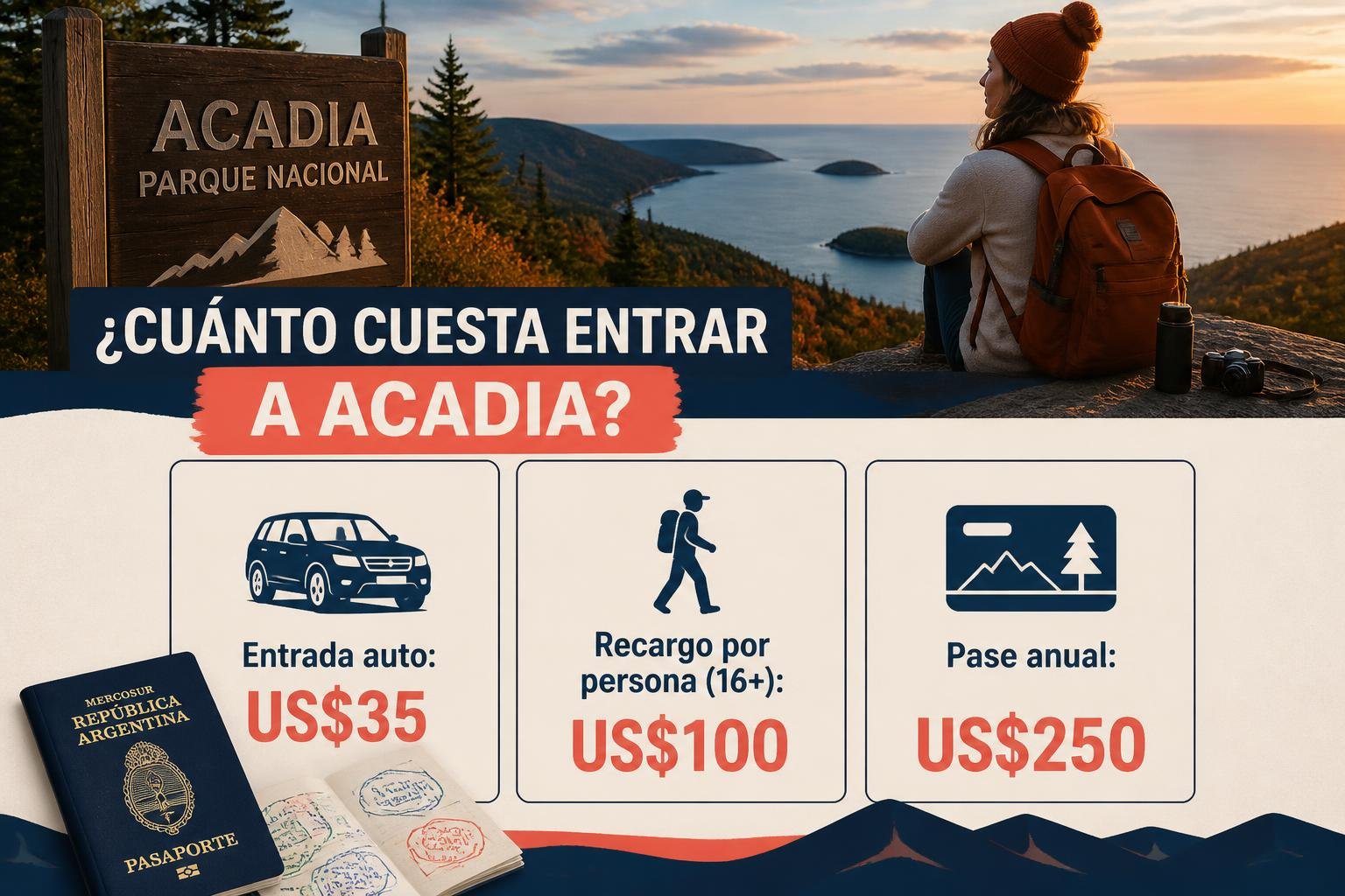 Infografía editorial en castellano con el desglose de costos de Acadia: entrada del auto, recargo por persona y pase anual