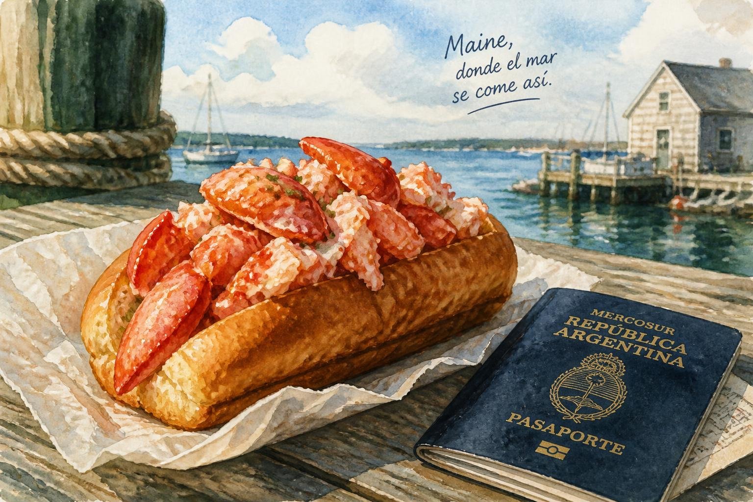 Ilustración en acuarela de un lobster roll de Maine sobre una mesa de madera junto al muelle