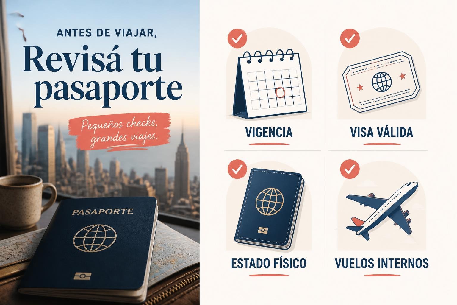 Infografía editorial con el checklist de cuatro puntos para revisar el pasaporte antes de viajar