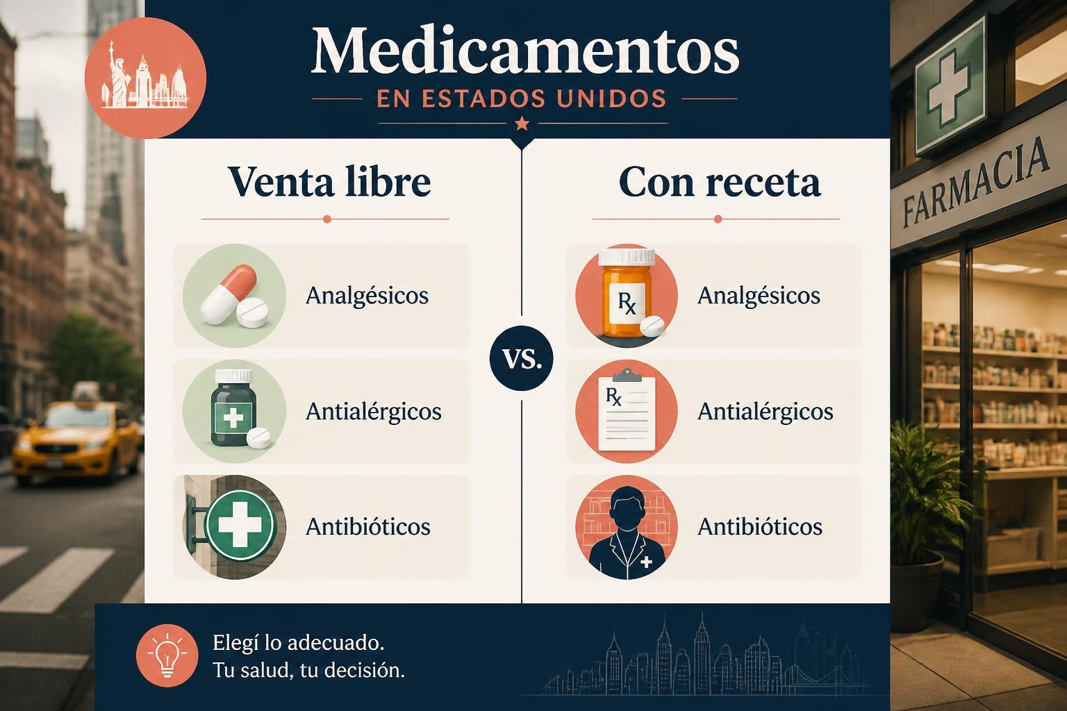 Infografía editorial estilo revista que compara qué remedios se compran sin receta y cuáles necesitan receta médica en Estados Unidos, con íconos claros y etiquetas cortas en español