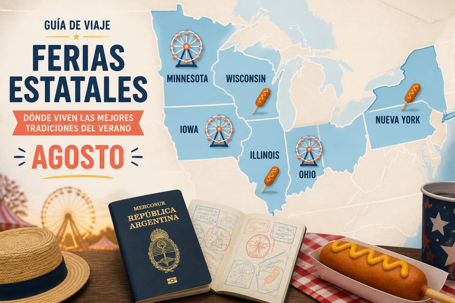 Mapa ilustrado del Medio Oeste con las sedes y fechas de las grandes ferias estatales de agosto marcadas