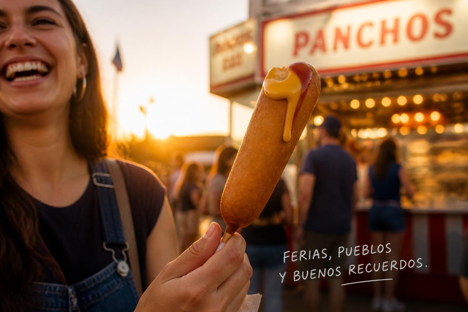 Manos sosteniendo un pancho rebozado y frito en un palito, con los puestos de comida de la feria desenfocados al fondo