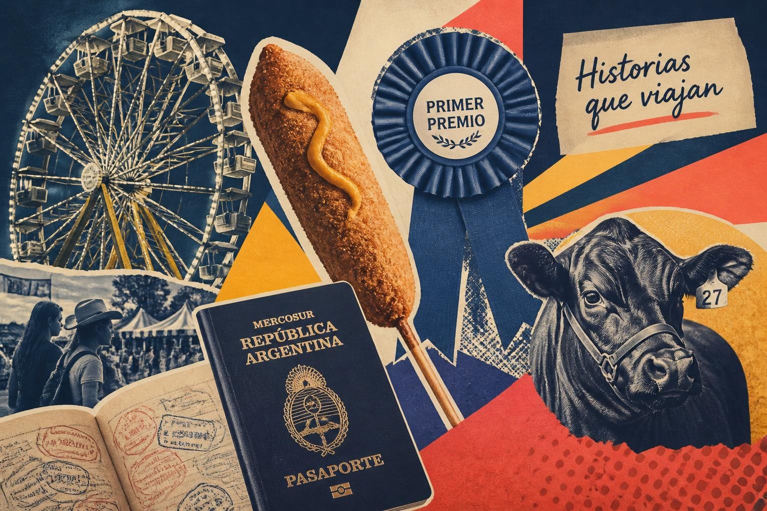 Collage editorial con íconos de la feria estatal: pancho en palito, rueda de la fortuna, escarapela de primer premio y ganado
