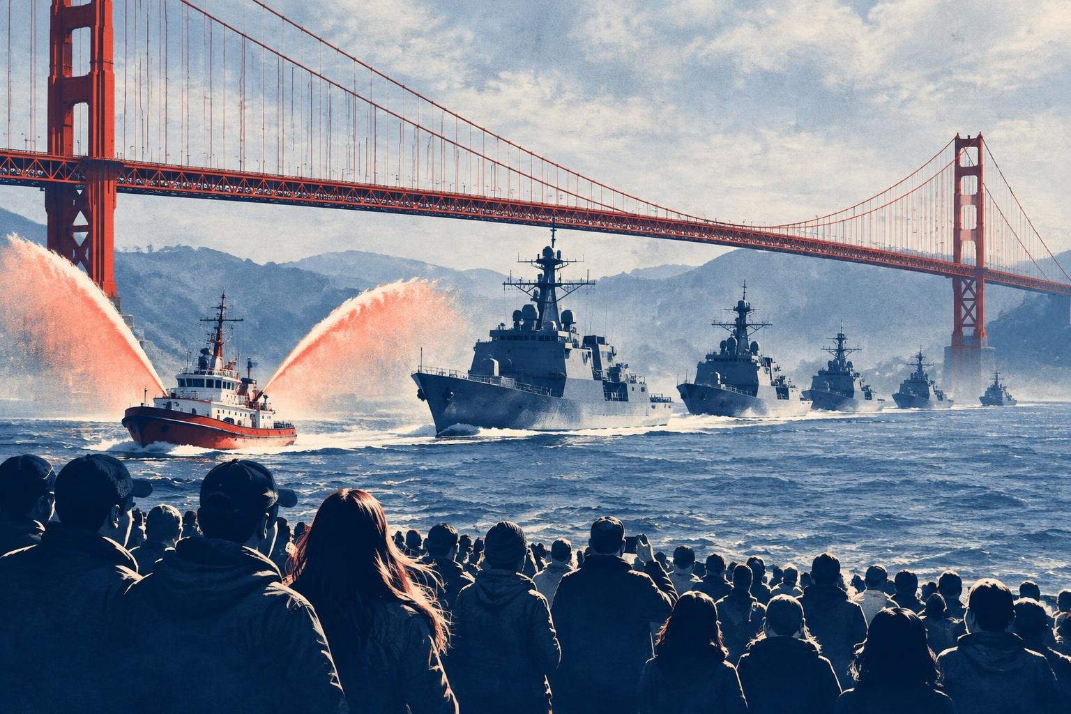 Buques de la Marina entrando a la bahía bajo el puente Golden Gate mientras el público mira desde la costanera de Marina Green