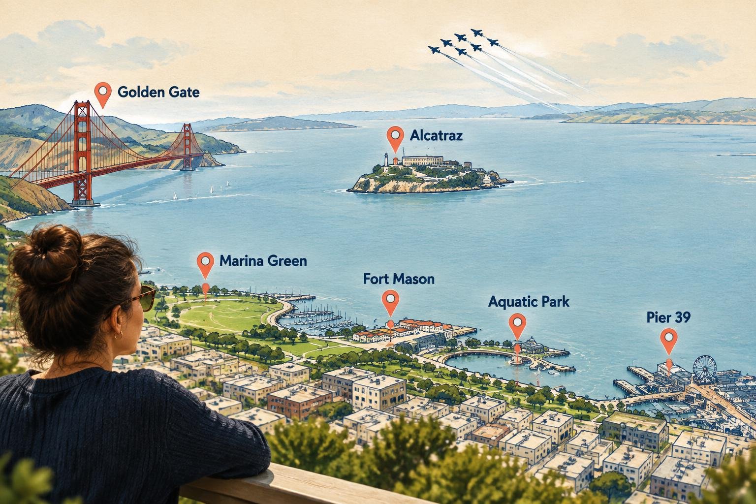 Mapa ilustrado de la costanera norte de San Francisco con Marina Green, Fort Mason, Aquatic Park y Pier 39 marcados para ver el air show