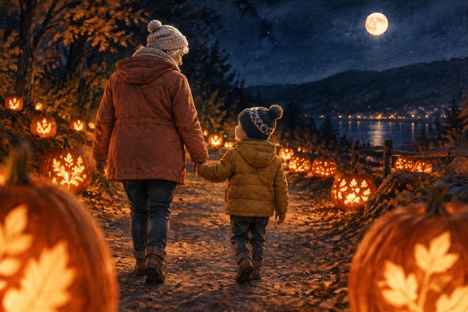 Abuela y nieto recorren abrigados el sendero de calabazas iluminadas