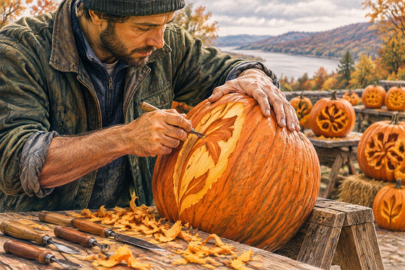 Artista tallando a mano una calabaza para el Great Jack O'Lantern Blaze