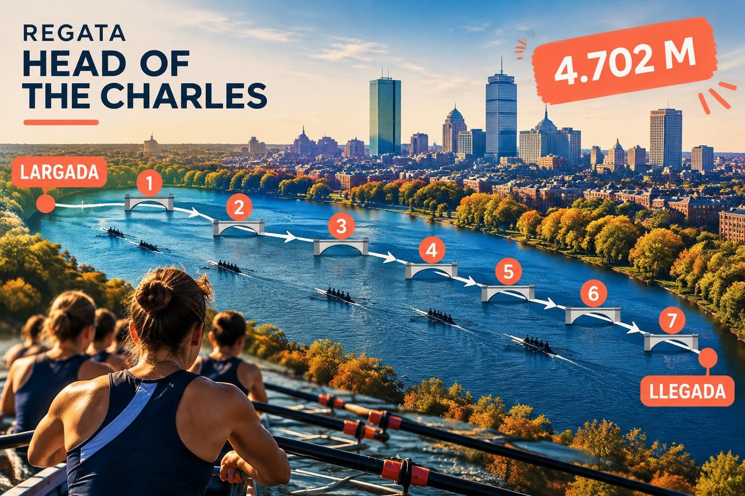 Infografía del recorrido de la regata por el río Charles con los siete puentes marcados entre la largada y la llegada