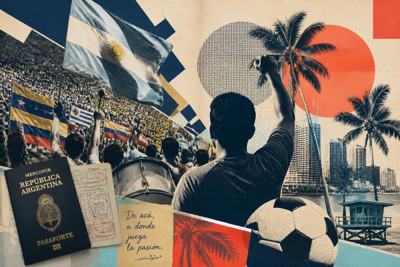 Collage editorial de la cultura futbolera latina de Miami: banderas, tambores y ambiente de estadio