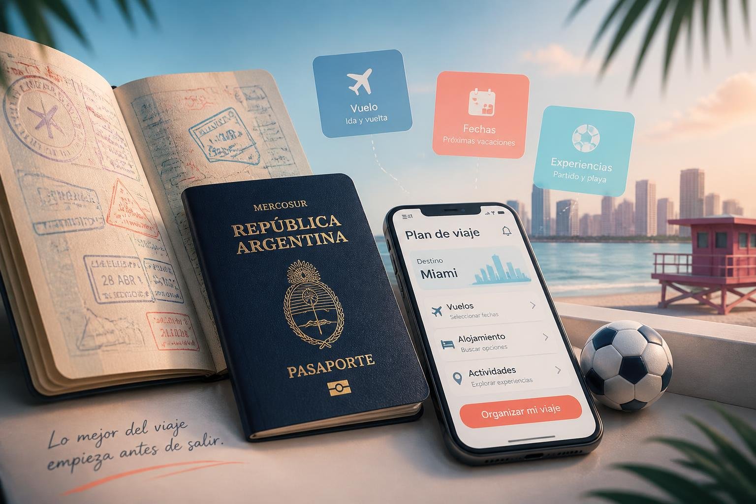 Ilustración travel-tech de un pasaporte argentino, el celular y un plan de viaje a Miami