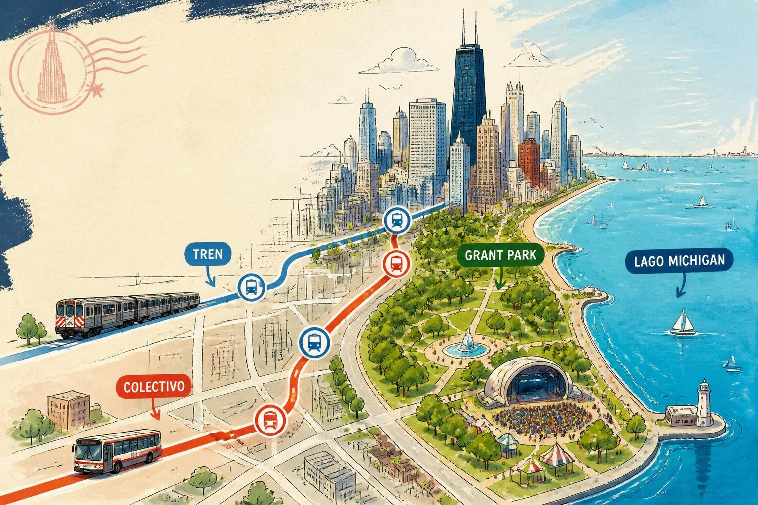 Mapa ilustrado del recorrido en transporte público hacia Grant Park en Chicago