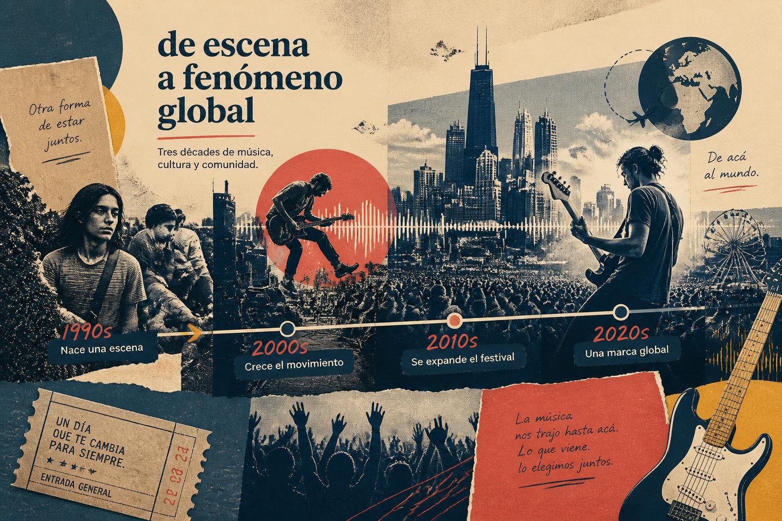 Collage editorial sobre la historia de Lollapalooza desde 1991 hasta hoy