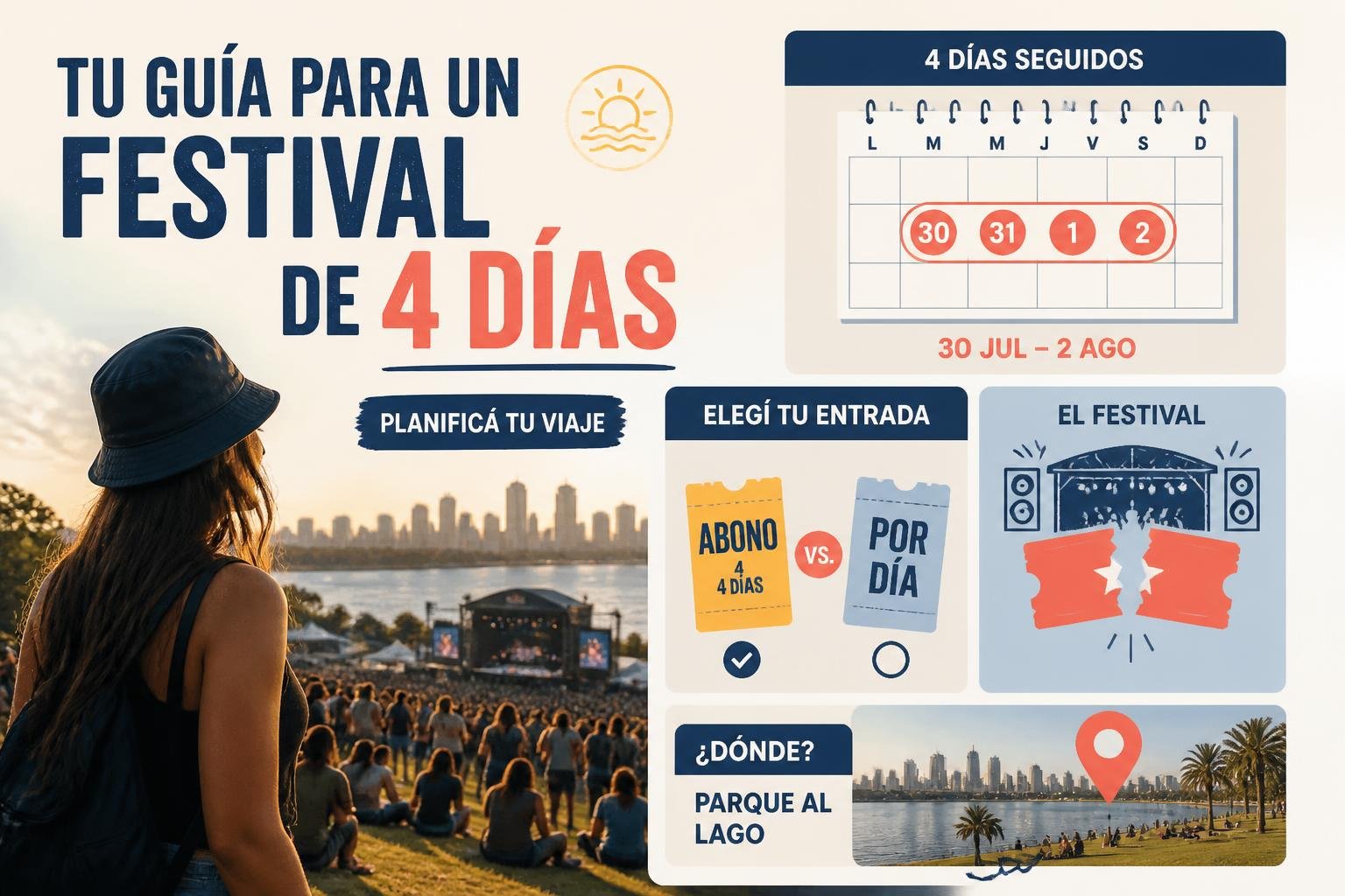 Infografía con las fechas, los cuatro días y los tipos de entrada de Lollapalooza