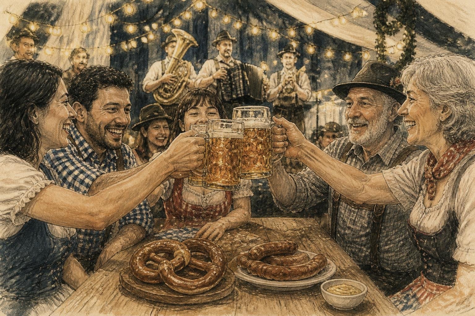 Ilustración a lápiz y acuarela de viajeros brindando en una mesa comunitaria de un Oktoberfest americano