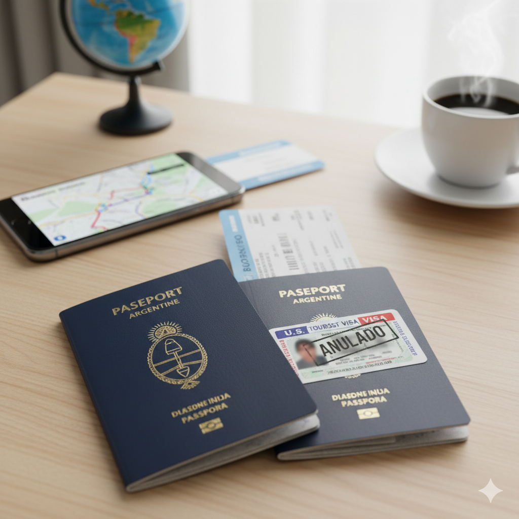 Dos pasaportes argentinos, uno nuevo y otro con visa de EE.UU. visible