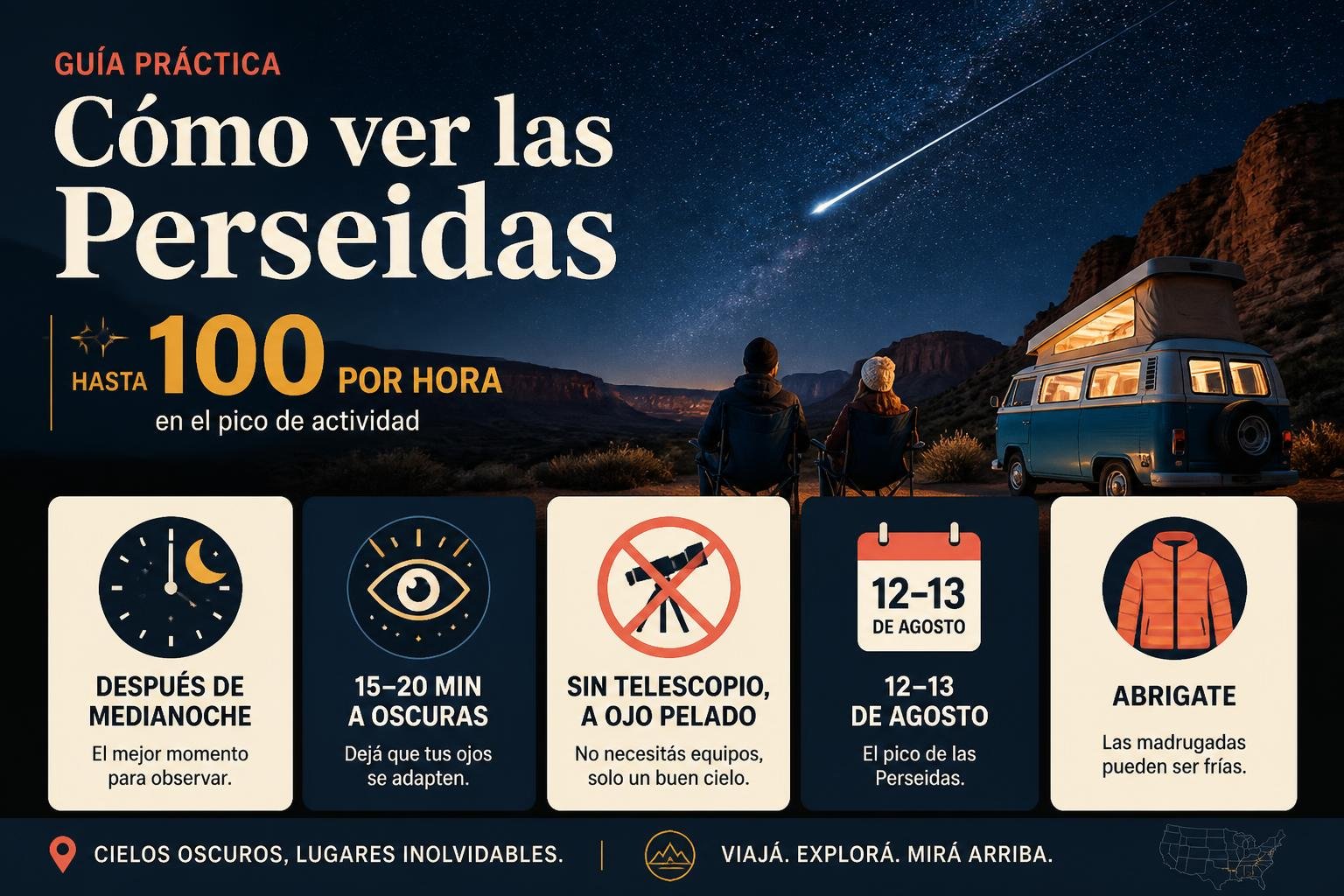 Infografía editorial en castellano titulada Cómo ver las Perseidas, con la fecha 12-13 de agosto, íconos de reloj después de medianoche, un ojo adaptándose a la oscuridad, un telescopio tachado y un dato destacado de hasta 100 por hora