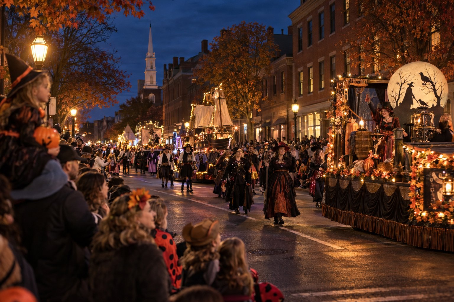 Público disfrazado mirando pasar el desfile de Halloween por una calle de Salem