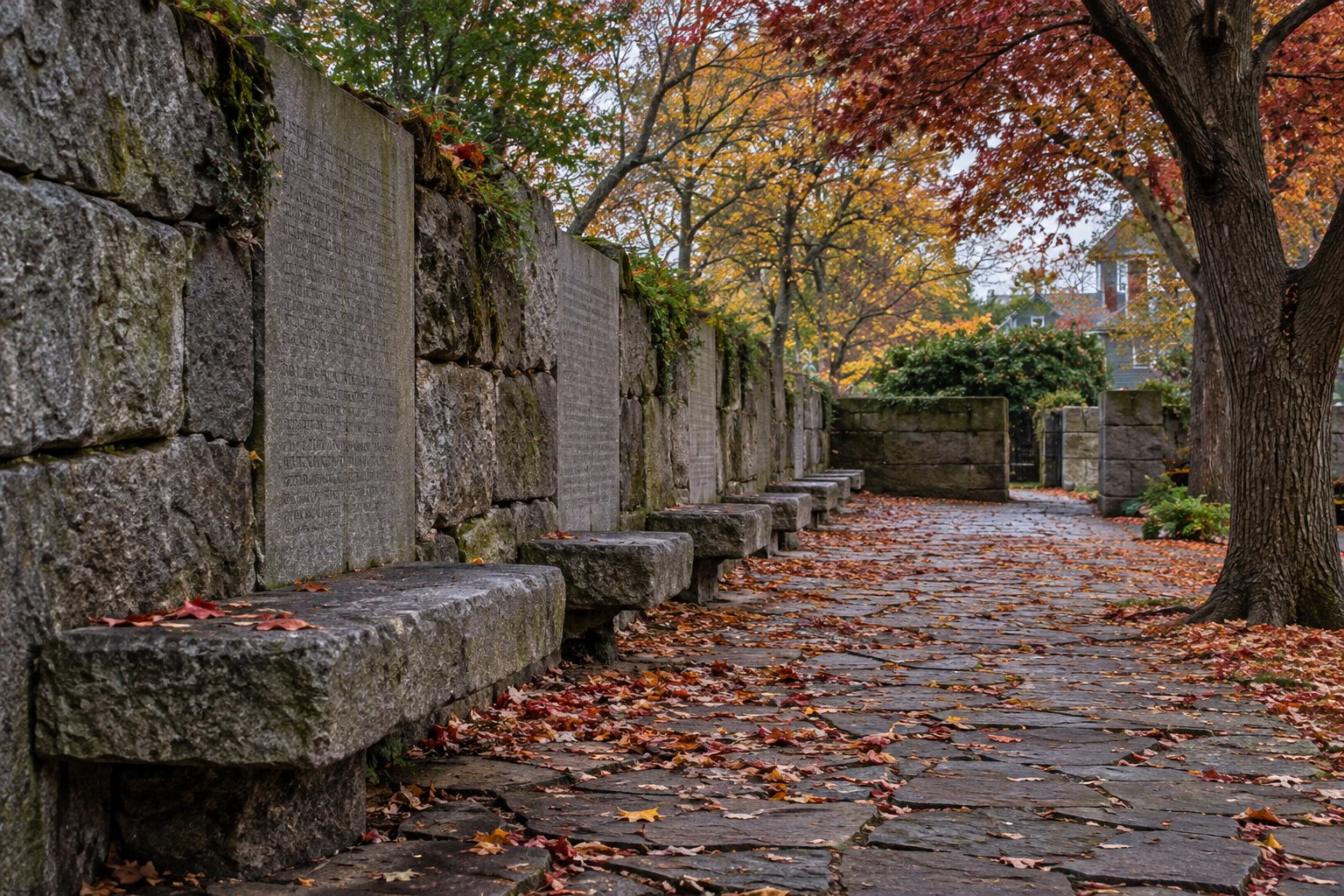 Bancos de piedra del memorial de las víctimas de los juicios de brujería de Salem entre árboles otoñales