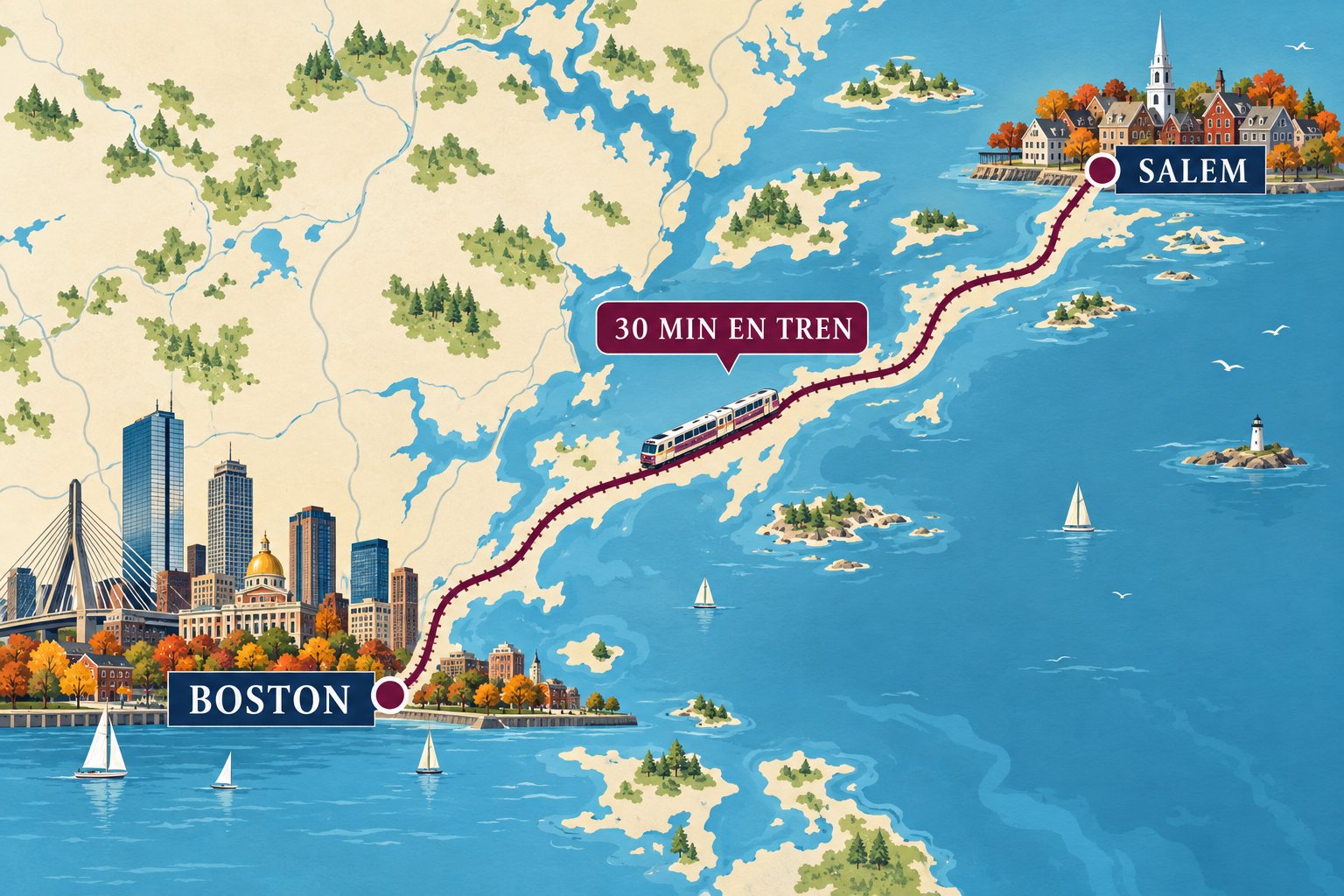 Mapa ilustrado del trayecto en tren entre Boston y Salem con las paradas principales