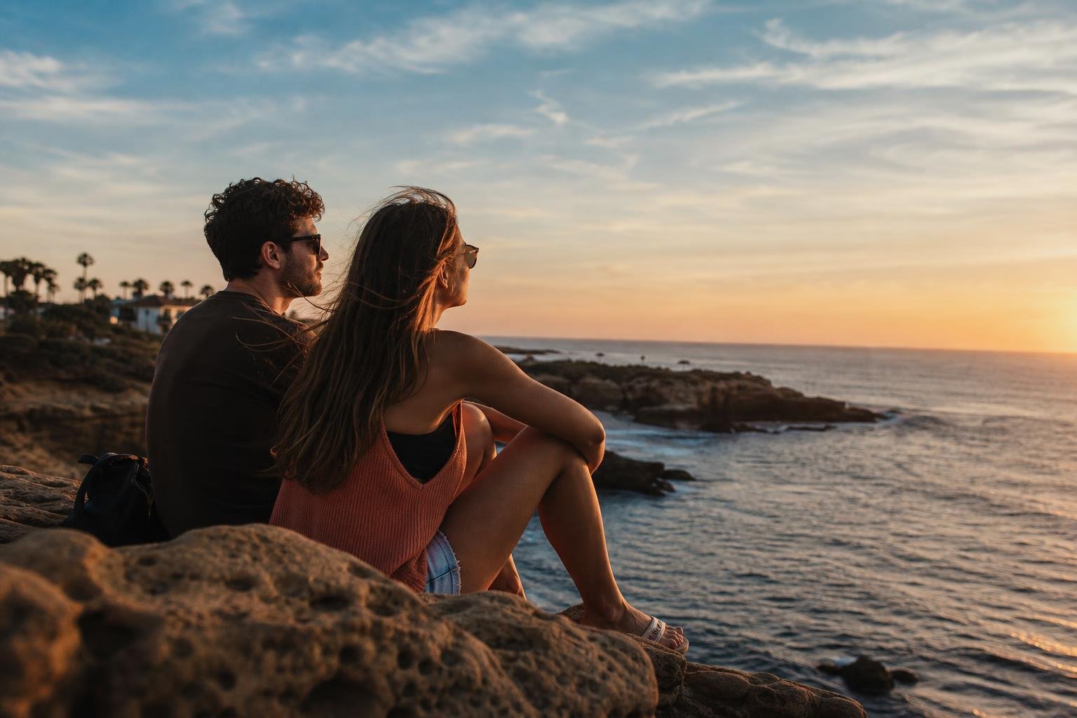 Pareja de viajeros argentinos mirando el atardecer sobre los acantilados de La Jolla, en San Diego