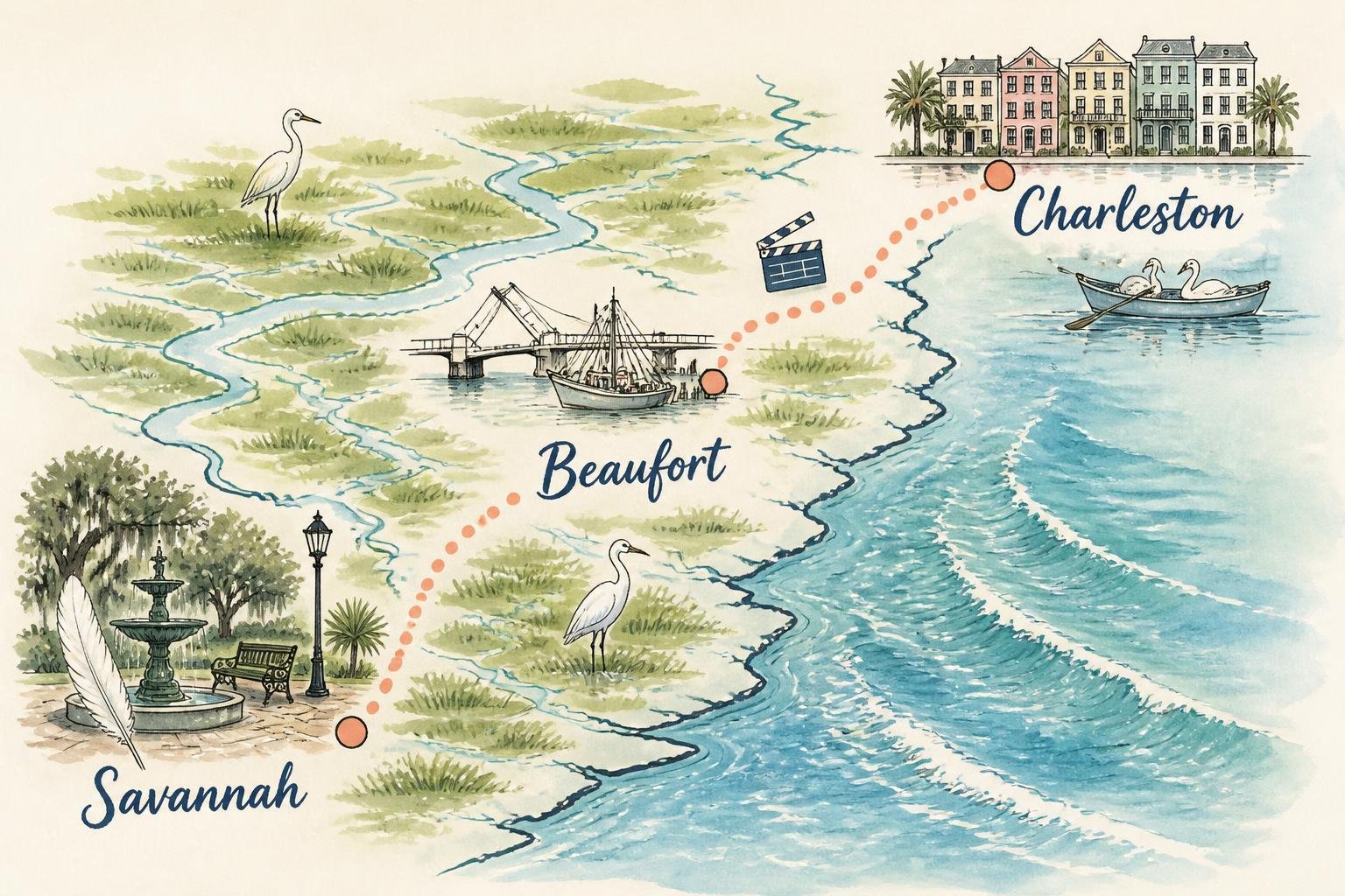 Mapa ilustrado de la ruta costera del Lowcountry entre Savannah y Charleston, con íconos de un banco de plaza, un bote con cisnes, una claqueta de cine y barcos camaroneros