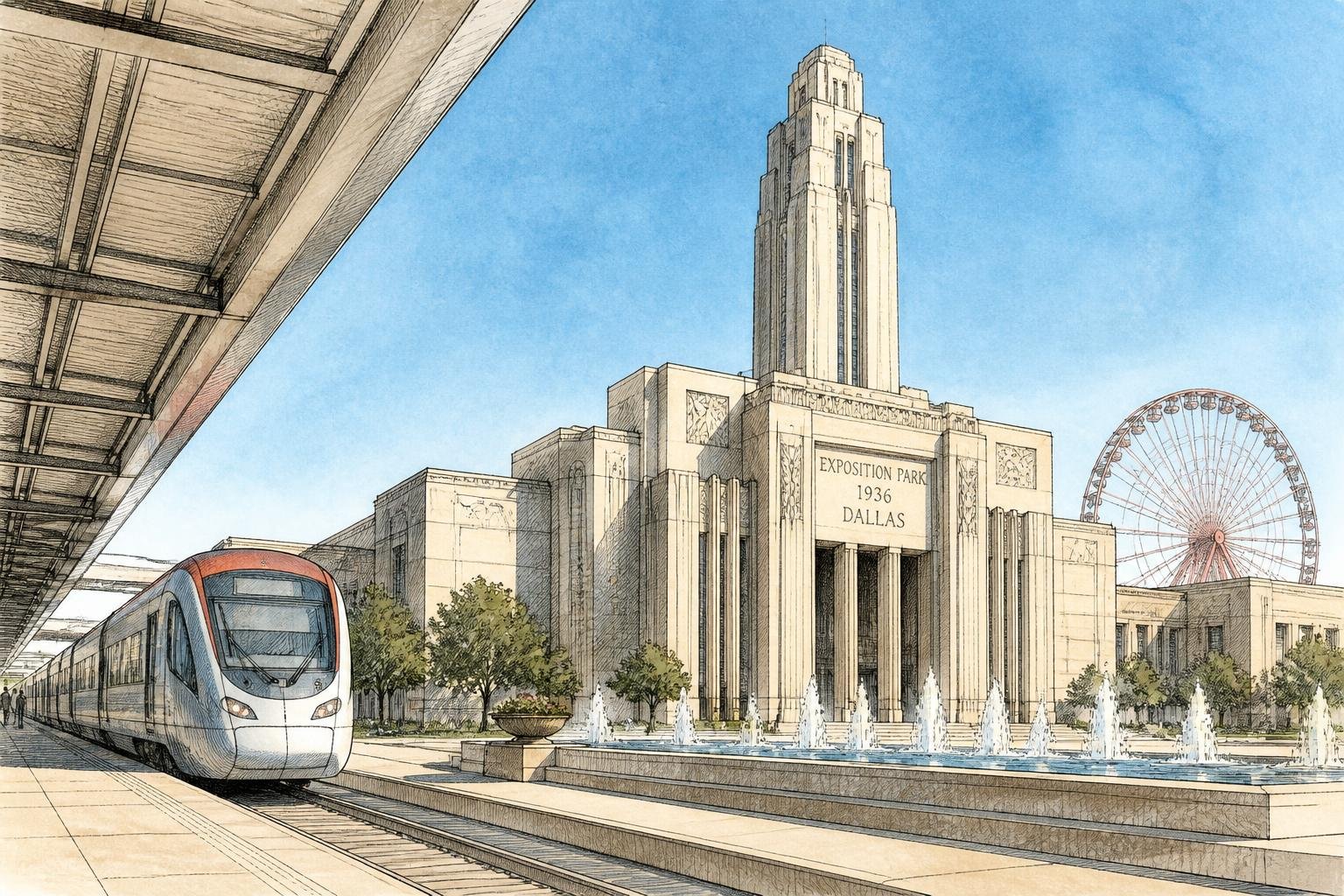 Tren del DART llegando a la estación Fair Park frente a los edificios art déco del predio, con la rueda de la fortuna asomando detrás, en una mañana clara