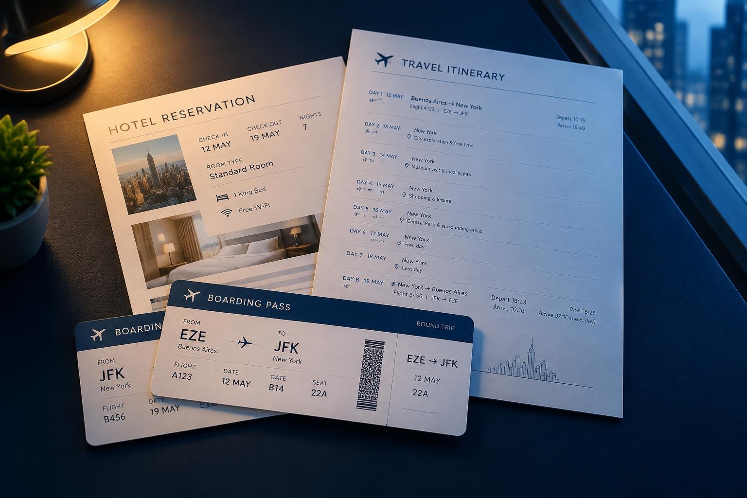 Pasajes de ida y vuelta, reserva de hotel e itinerario impreso sobre un escritorio
