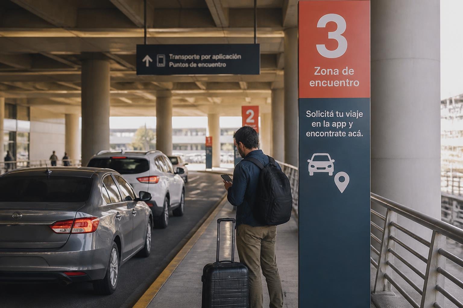 Zona de encuentro para apps de transporte en un aeropuerto de Estados Unidos, con cartelería de puntos numerados