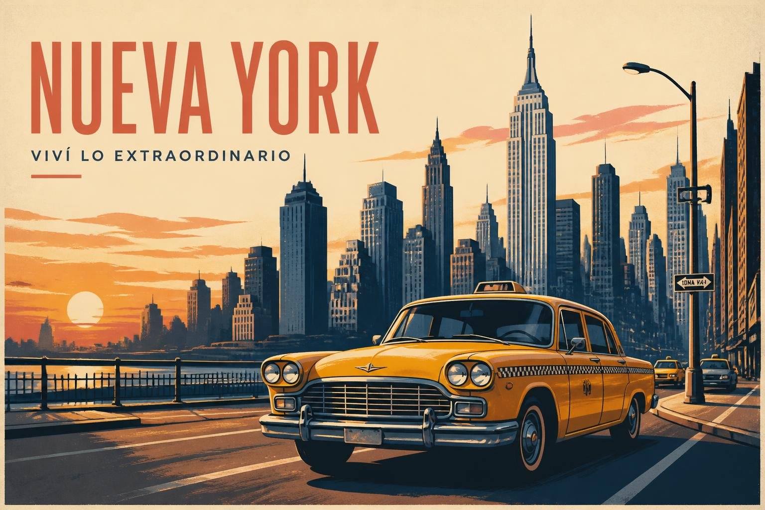 Taxi amarillo clásico circulando por una avenida de Nueva York con los rascacielos de fondo