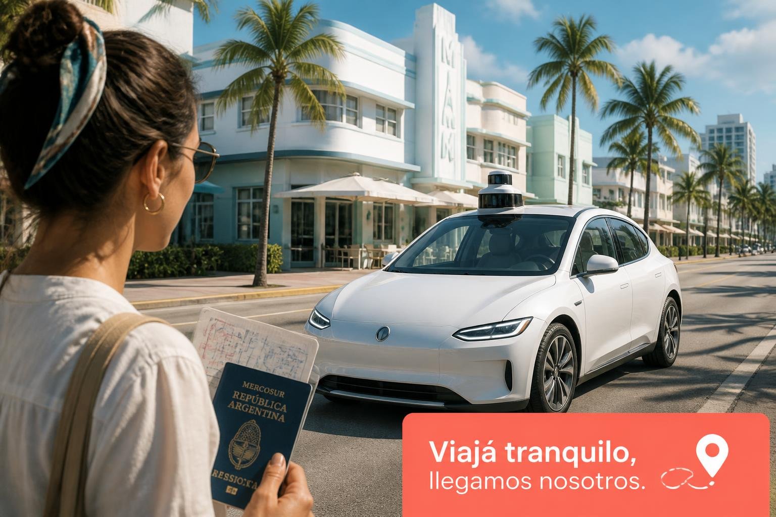 Auto autónomo tipo robotaxi circulando por una avenida soleada de Miami, estética travel-tech limpia