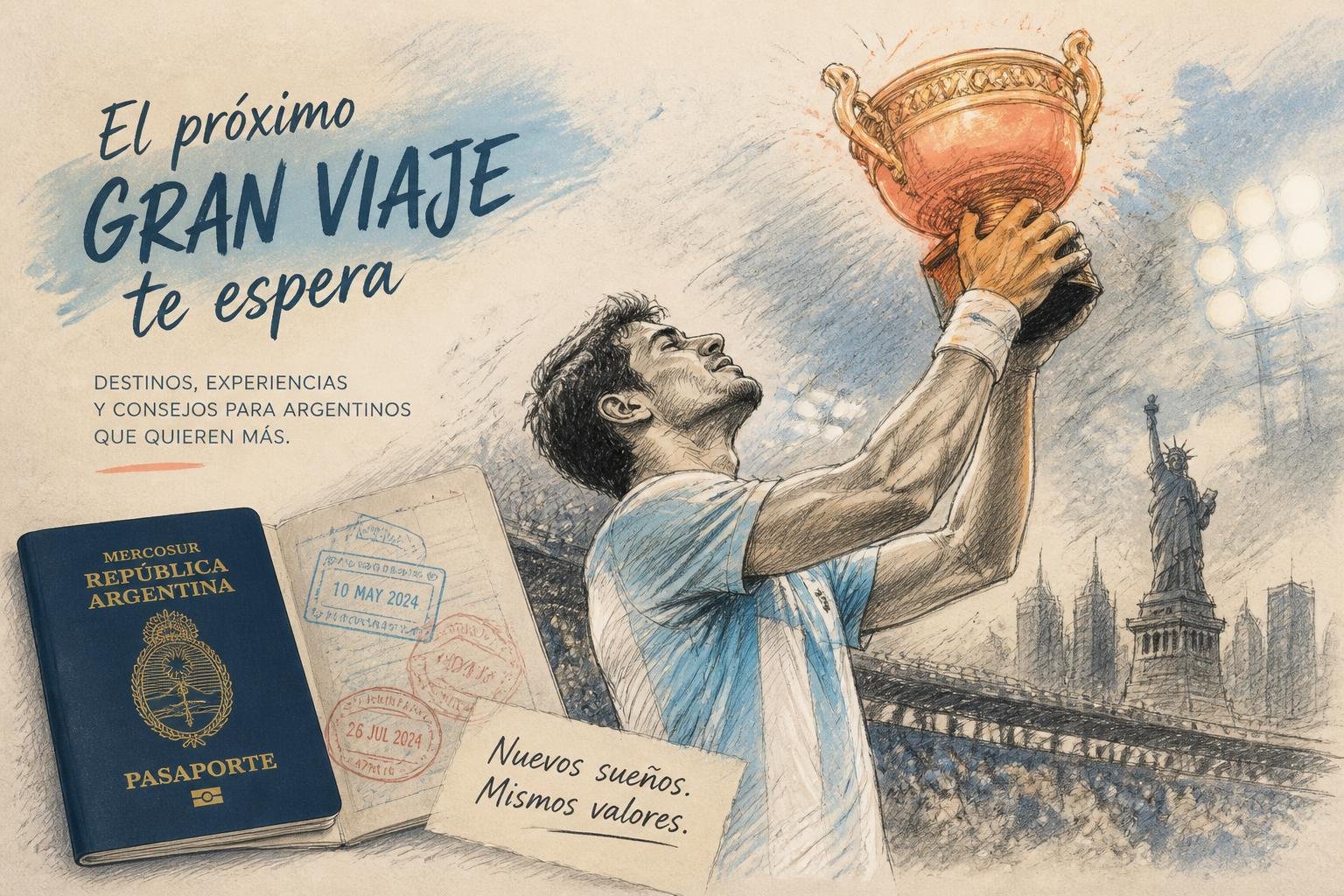 Ilustración editorial que homenajea al tenis argentino levantando un trofeo bajo las luces de un estadio