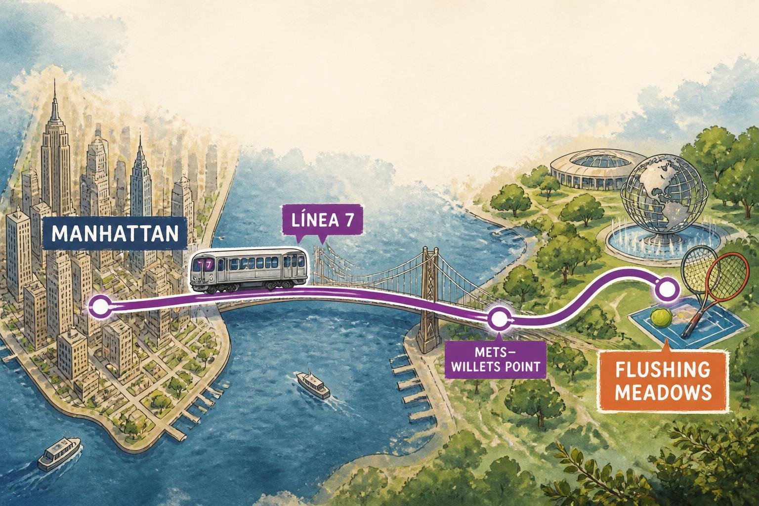 Mapa ilustrado del recorrido desde Manhattan hasta Flushing Meadows por la línea 7 del subte de Nueva York