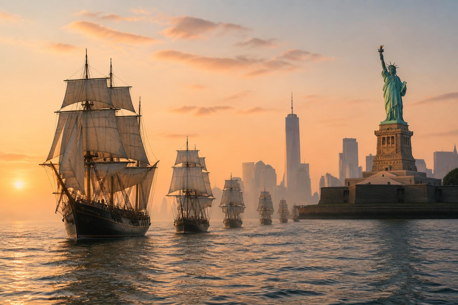 Tall ships internacionales entrando al puerto de Nueva York con la Estatua de la Libertad y el skyline de Manhattan al amanecer del 4 de julio