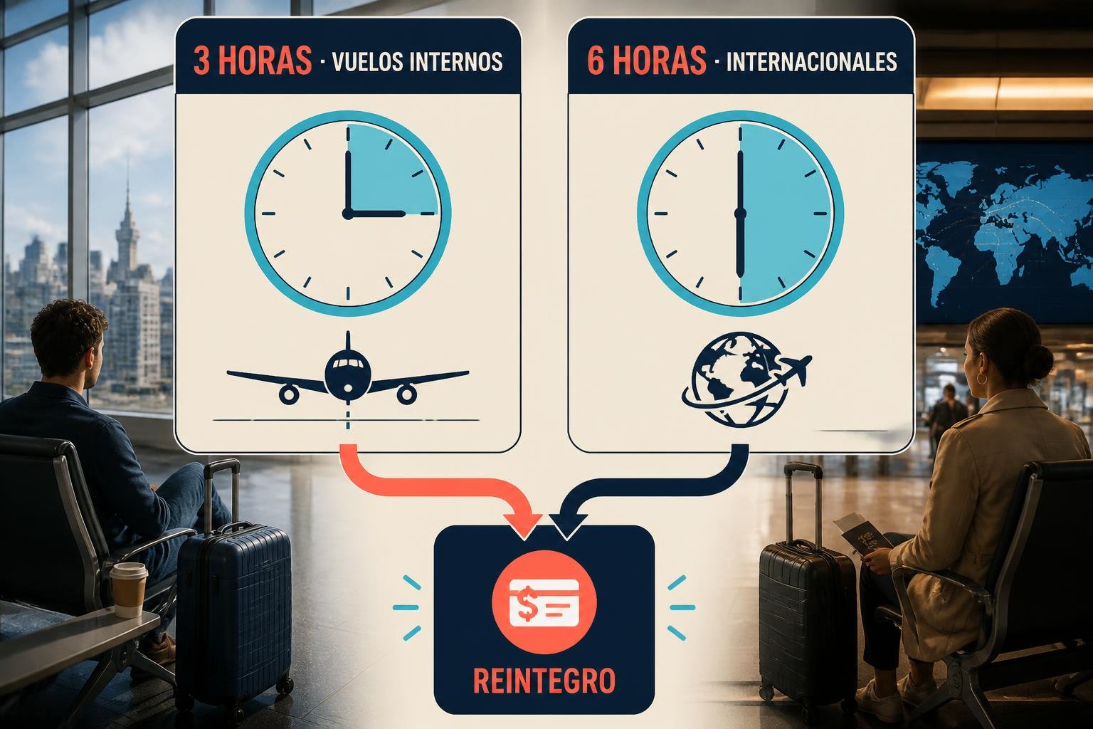 Infografía editorial que compara los umbrales de demora que dan derecho a reembolso: 3 horas en vuelos internos y 6 horas en internacionales, con íconos simples y texto corto en castellano