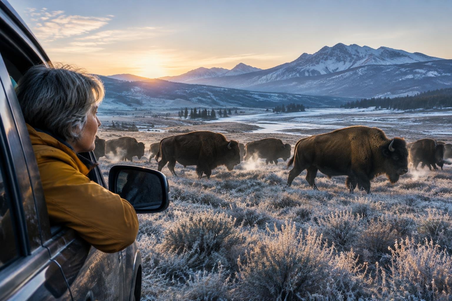 Bisontes cruzando el valle de Lamar al amanecer con escarcha en el pasto