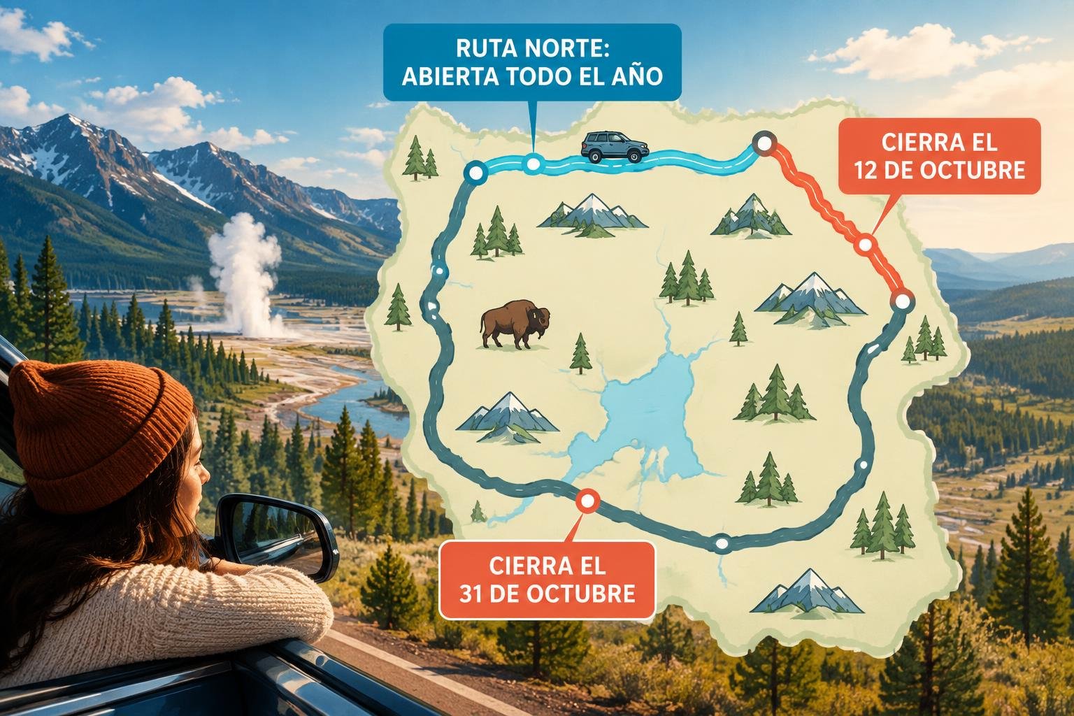 Mapa ilustrado del Grand Loop de Yellowstone con los tramos que cierran en octubre marcados